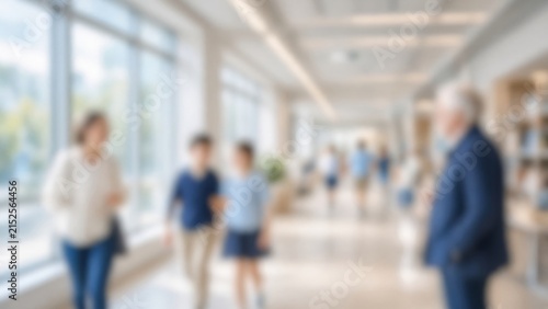 People walking in blurred modern school corridor with students and adults, education and community concept