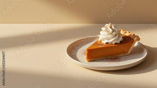 Pumpkin pie slice with whipped cream and cinnamon dusting, resting on a ceramic plate in soft natural light