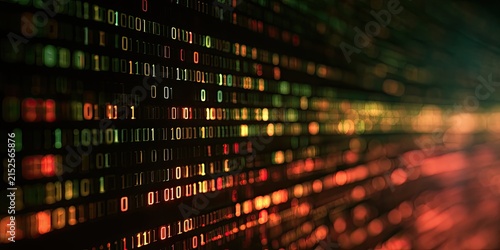 Binary code forms a glowing, abstract digital stream with bokeh lights