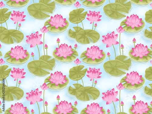 Elegant floral seamless pattern with hand-drawn pink lotus flowers, buds, and green lily pads floating on soft blue water. Design for textile prints, wallpaper, wrapping paper, fabric design, and roma