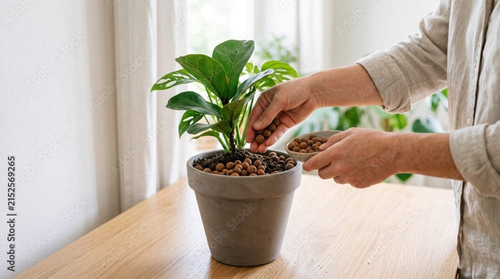 Fototapeta premium Hands adding brown clay pebbles to a potted monstera houseplant on a wooden table