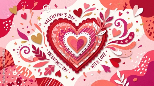 Colorful Valentines Day Paper Cut Heart Composition with Romantic Decorative Elements