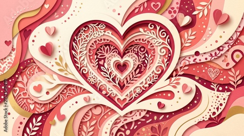 Intricate Layered Paper Cut Heart with Floral Patterns for Romantic Valentines Day Background