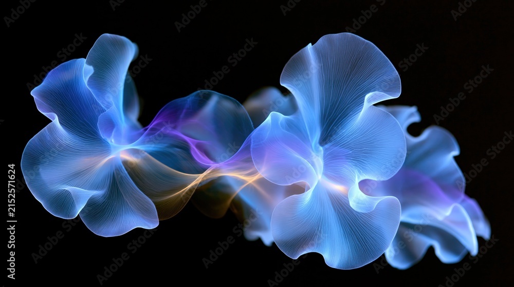Obraz premium Jellyfish glow blue and violet as translucent forms drift against a black background in an abstract underwater scene with flowing ribbons and soft light, evoking marine fantasy and deep sea