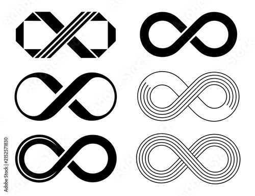 Foto Six Infinity Symbols: A collection of six distinct infinity symbols, each rendered with unique artistic flair, showcasing the concept of endlessness and eternity