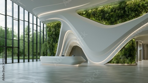 Futuristic sustainable corporate lobby interior, large modern building space with organic curved architecture and abundant green plants