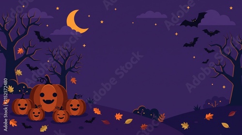 Halloween background with cute pumpkins, bats, and trees under a crescent moon in a starry night sky