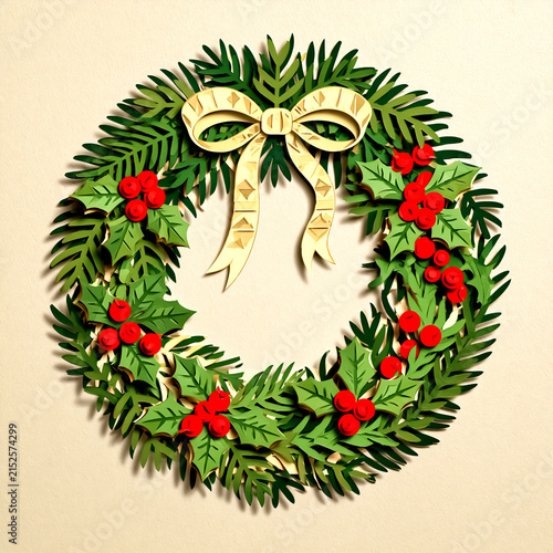 Paper-cut evergreen wreath with holly and berries / festive kirigami art

