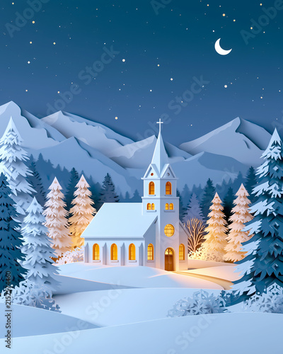 Paper-cut snow covered church on a winter night / festive kirigami art

