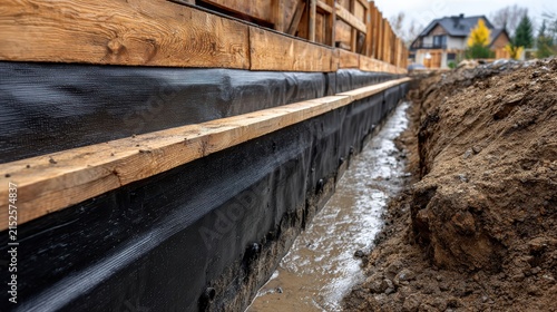 Black Waterproofing Membrane Installed on Residential Foundation Wall