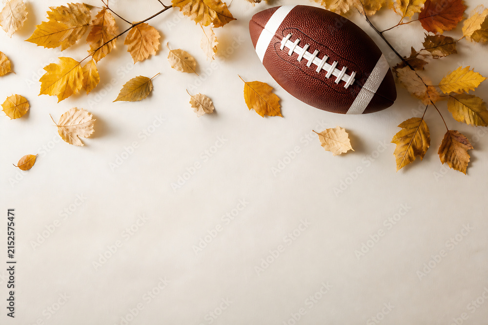Fototapeta premium A brown football rests among scattered autumn leaves on a light-colored surface.