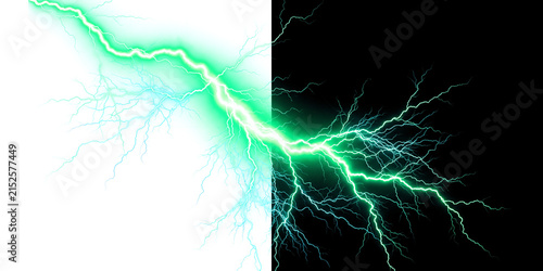 Green lightning bolt with electric discharge isolated on transparent background