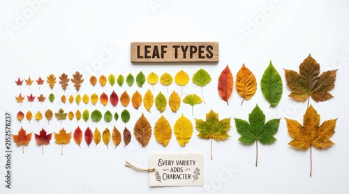 Detailed collection of diverse leaf types and autumn foliage arranged on a white background, showcasing nature variety and seasonal changes in plant species across various environments and