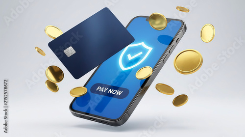 A Secure Mobile Payment App Concept with Credit Card and Flying Gold Coins