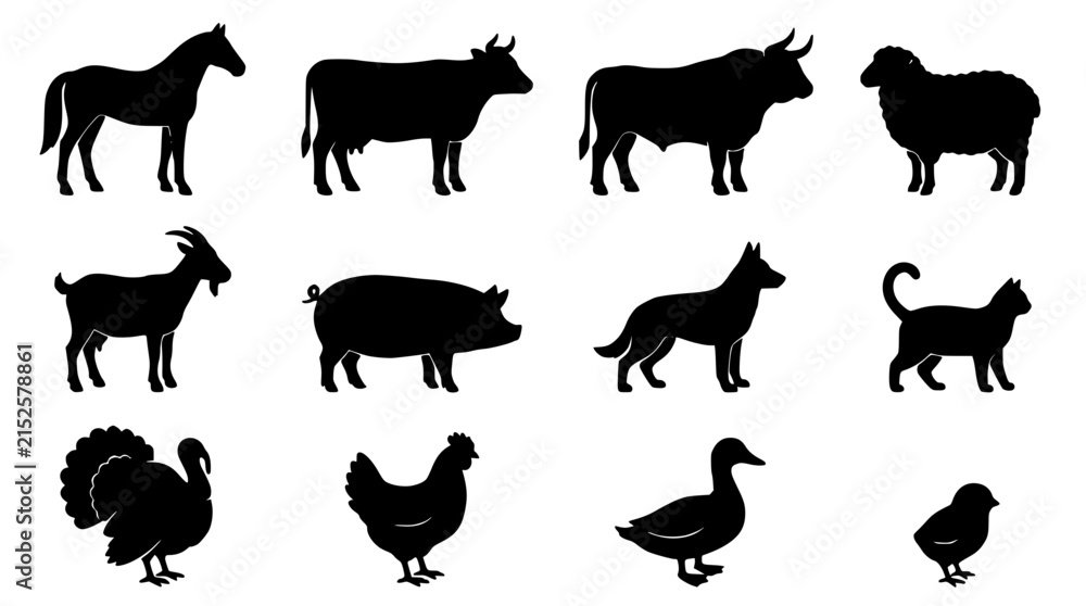 Obraz premium Farm Animals Silhouettes Vector Set Featuring Horses, Cows, Goats, Pigs, Dogs, Sheep, Turkeys, Chickens, and Ducks in Black Outlin