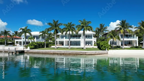 Tropical Luxury Villas on Waterfront with Palm Trees perfect for high-end real estate.