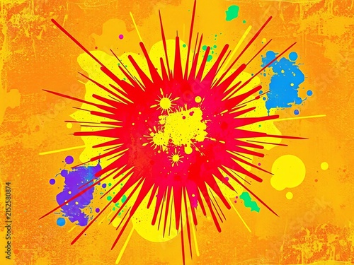 Distressed grunge starburst with splashes of color, illustration, || abstract