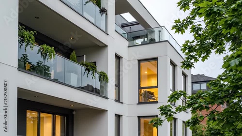 Modern White Apartment Building with Glass Balconies and Greenery ideal for real estate marketing and urban living concepts.