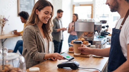 Smiling Young Woman Making Contactless Payment with Smartphone in Modern Coffee Shop