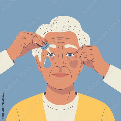 An elderly woman with white hair is receiving eye drops, depicting care and vulnerability.