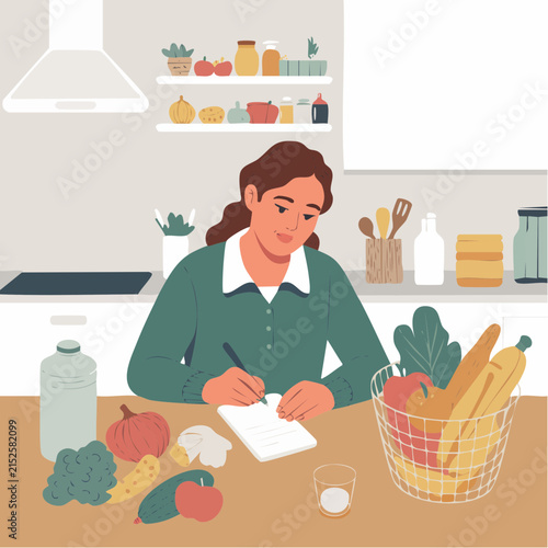 A woman in a kitchen is planning her meals and groceries, surrounded by fresh produce and kitchen essentials. She's writing on a list while looking at the fresh fruits and vegetables.