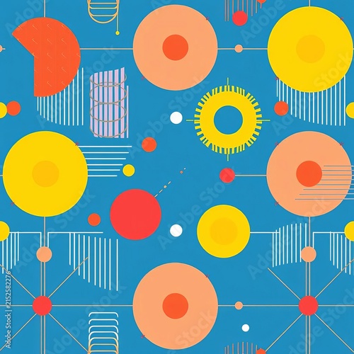 Modern geometric seamless pattern with abstract shapes and lines in a blue background, illustration, vector