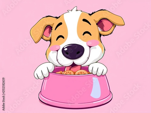 Illustration of a happy dog eating from a pink bowl on a light pink background illustration, lunch, furry