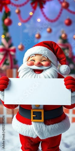 Jolly figure with rosy cheeks and joyful expression holds a blank banner against a festive holiday backdrop, decorations, season
