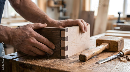 woodworker assembling dovetail joint on wooden box