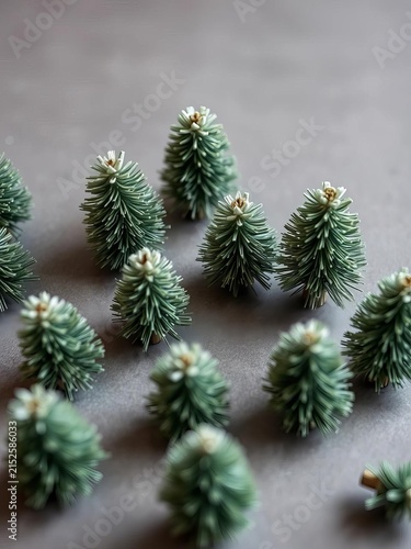 Undecorated spruce trees with green fur-like texture, scattered across a flat surface, festive, holiday
