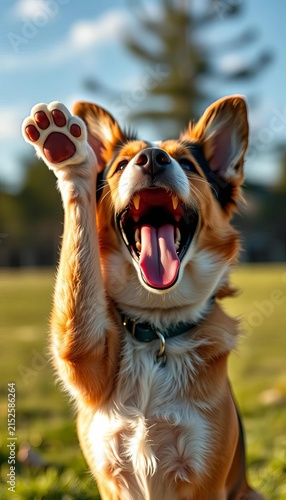 Paws held high, tail wagging, and a joyful yelp from a happy dog, energetic, playful