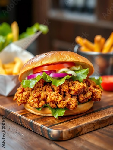 Crunchy fried chicken sandwich on a wooden table, topped with lettuce and tomato, tomato, appetizing