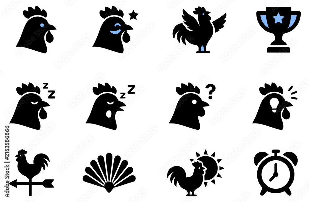 Fototapeta premium A collection of twelve vector icons featuring roosters in various poses and expressions alongside farm related symbols and alarm clocks
