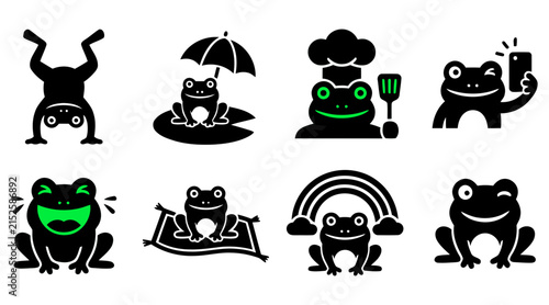 A collection of cute cartoon frog icons featuring various activities like cooking taking selfies and relaxing under a summer umbrella