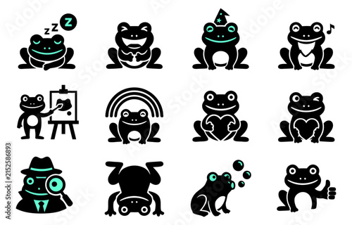Set of cute frog character icons in black and teal showing various activities and emotions for creative design projects