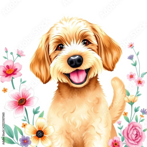 Watercolor illustration of a smiling golden doodle with floppy ears and curly tail, surrounded by floral elements, breed mix, loyal