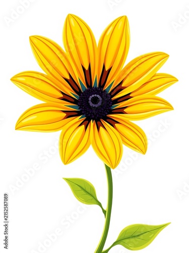 Vector flower with yellow petals, black center, stem with wavy leaves on clear background, Minimalistic, Elegant