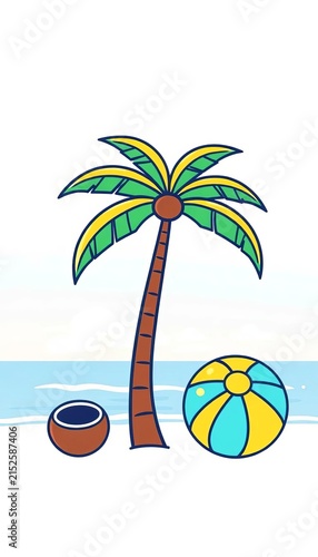 Simple outline icons of a palm tree, coconut, and beach ball, sun, travel
