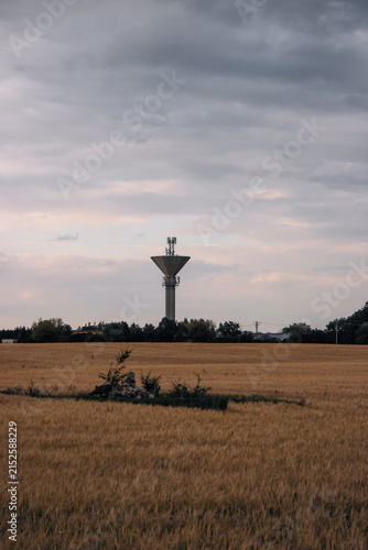 Cuadro en lienzo Vertical view of a modern concrete water tower standing beyond a golden agricultural field under overcast sky
