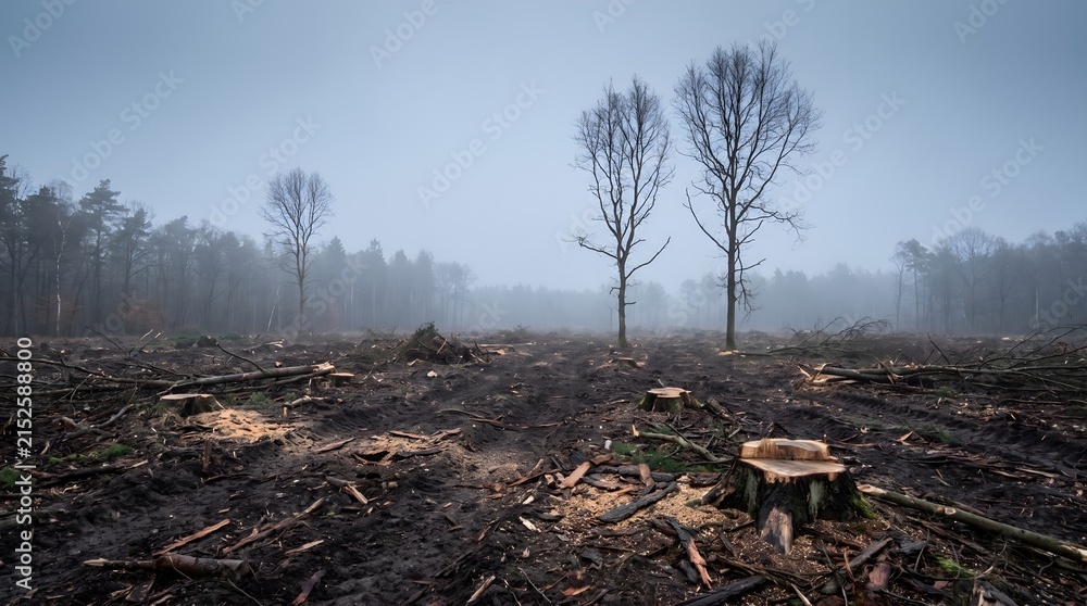Naklejka premium Deforestation impact in clear-cut forest featuring scattered tree stumps and logged timber in moody foggy landscape