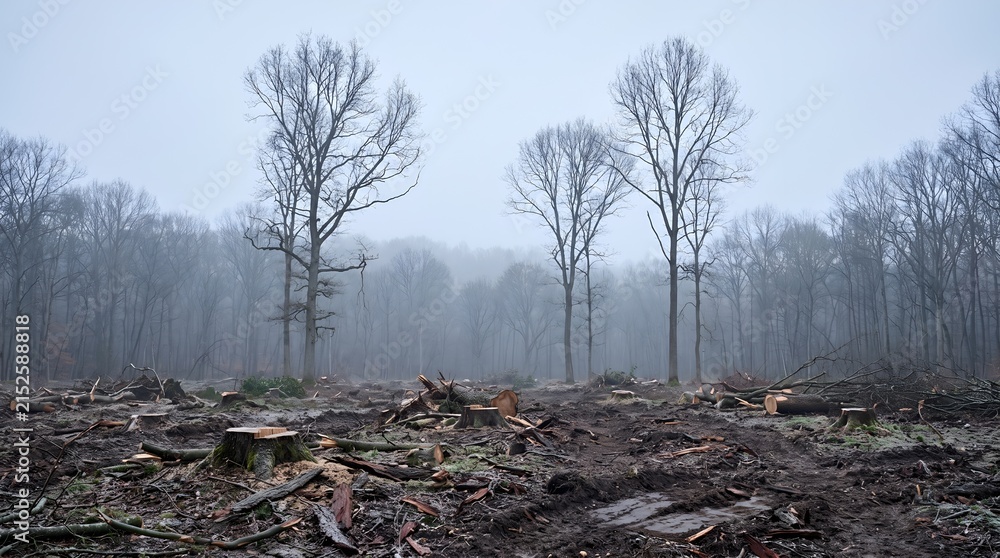 Naklejka premium Commercial logging consequences revealing felled trees and muddy ground symbolizing ecological disaster and forest depletion