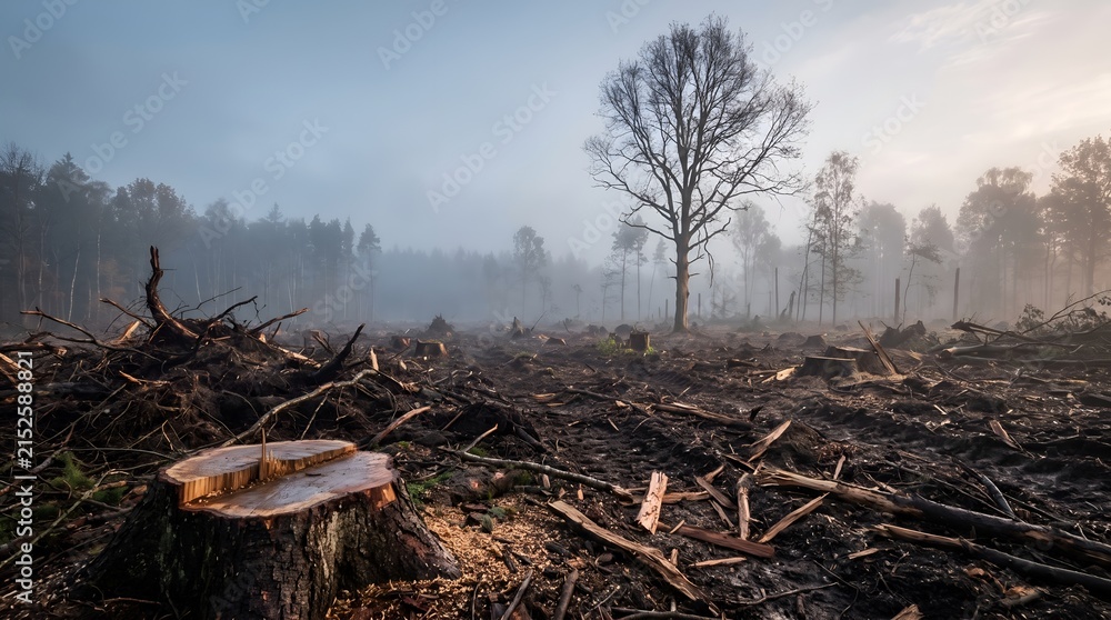 Fototapeta premium Forest exploitation and land clearing showing fresh tree stumps representing habitat loss and environmental degradation