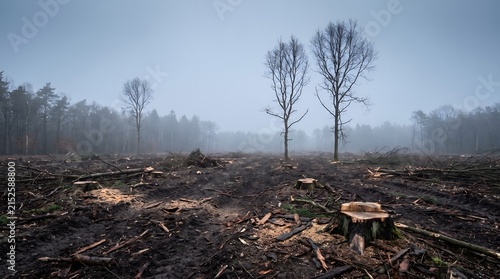 Deforestation impact in clear-cut forest featuring scattered tree stumps and logged timber in moody foggy landscape
