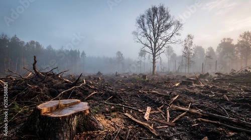 Forest exploitation and land clearing showing fresh tree stumps representing habitat loss and environmental degradation
