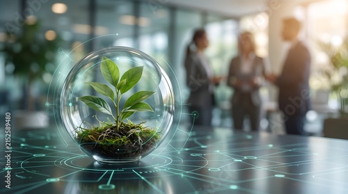 Green technology ecosystem concept featuring a plant in a glass sphere with glowing digital network lines in a modern corporate office.