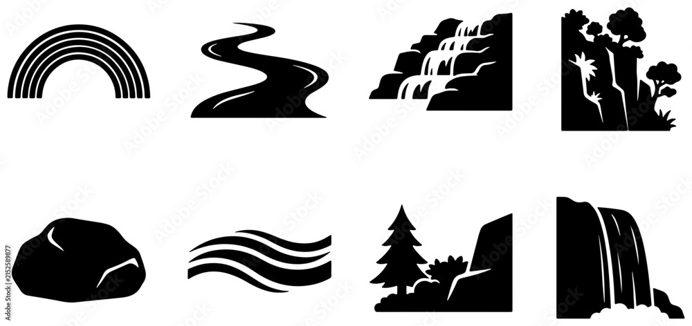 Fototapeta premium Nature Icons: Waterfall, River, Rainbow, Rock, Tree, Landscape Elements