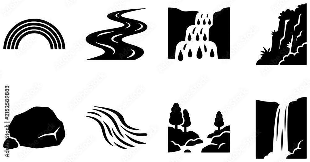 Fototapeta premium Nature Landscape Icons: Rainbow, River, Waterfall, Cliff, Rock, Stream, Trees, Cascade