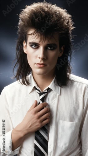 1980s New Wave Man with Mullet Hair and Makeup Subtle Gaze