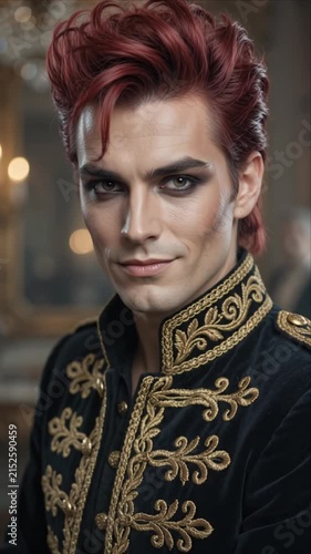 Dramatic Man with Red Hair in Ornate Jacket Looks and Smiles