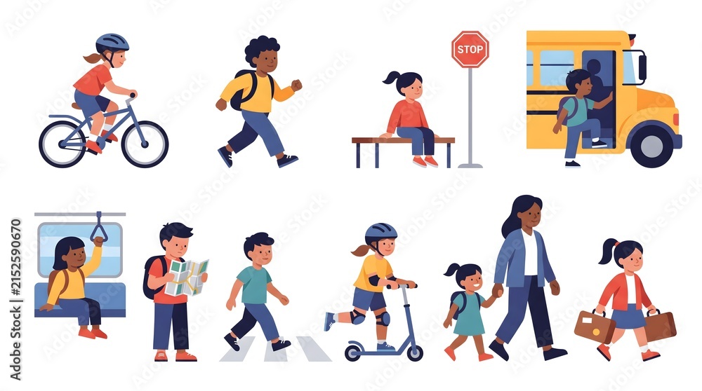 Fototapeta premium Modern Geometric Children Using Transportation and Learning Road Safety Illustration Collection